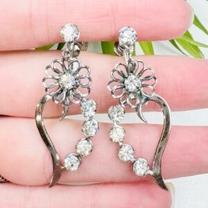 Vintage Flower and Heart Rhinestone Post & Dangle Silver Tone Screw On Earrings